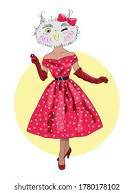 cute owl girl in a 60s dress and gloves, a sophisticated lady, fluffy art illustrations, fashion animals