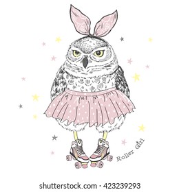 cute owl girl on roller skates, hand drawn graphic, animal illustration