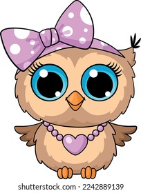 Cute owl girl in pink bow and heart necklace. Cartoon bird character