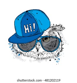 Cute owl with glasses and a cap. Vector illustration for a card or poster. Print on clothes. Bird. Fashion & Style.