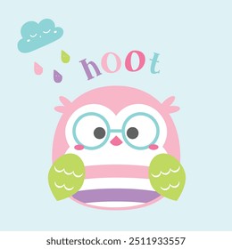 cute owl with glasses with cloudy rain in background in flat syle design