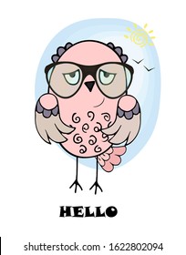 Cute owl with glasses. Hand drawn illustration of an owl in a children's cartoon style colorful hand-drawing Vector illustration.