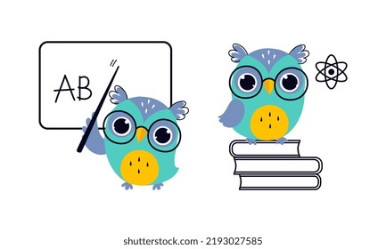 Cute Owl in Glasses on Pile of Books and with Pointer Near Blackboard Vector Set