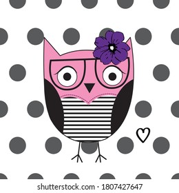 cute owl with glasses on polka dots background 