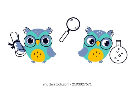 Cute Owl in Glasses with Paper Scroll and Flask with Chemical Vector Set