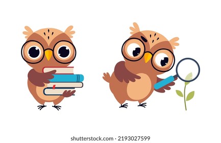 Cute Owl in Glasses with Pile of Books and Magnifying Glass Vector Set