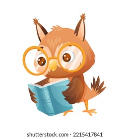 Cute Owl in Glasses Reading Book in Hard Cover Enjoying Interesting Story Vector Illustration