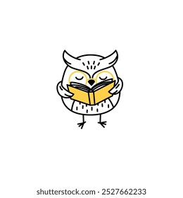 Cute owl with glasses reading a book vector doodle illustration