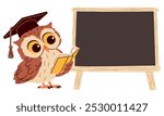 A cute owl with glasses stands next to the blackboard. A place for your text on the blackboard. Vector illustration in children