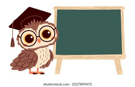 A cute owl with glasses stands next to the blackboard. A place for your text on the blackboard. Vector illustration in children's style 