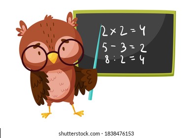 Cute Owl in Glasses Teaching Maths with Pointer Vector Illustration