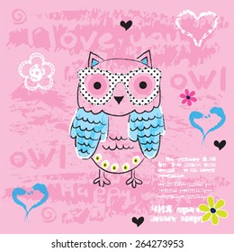 cute owl with glasses, T-shirt design vector illustration