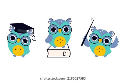 Cute Owl in Glasses Wearing Graduation Hat and Holding Pointer Vector Set