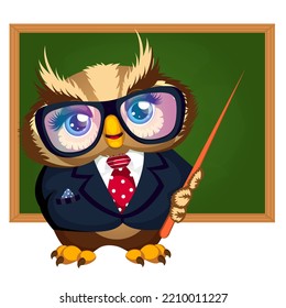 Cute owl with glasses with a wooden pointer at the blackboard. Cartoon vector illustration