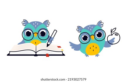 Cute Owl in Glasses Writing in Book with Pen and Holding Apple Vector Set