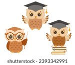 Cute owl in graduation cap, with glasses and pointer. Wise vector owl cartoon characters set isolated on white.