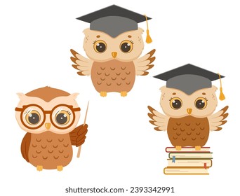 Cute owl in graduation cap, with glasses and pointer. Wise vector owl cartoon characters set isolated on white.