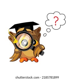 Cute owl in graduation hat and with magnifying glass on white ba