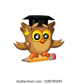 Cute owl in graduation hat and with pencil on white background