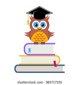 Cute owl with graduation hat sitting on books