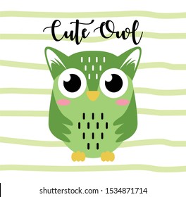 Cute Owl Green design on stripe background, good for icon, mascot, card, banner, poster, print and other uses.