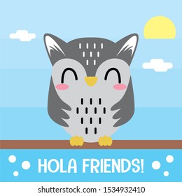 Cute Owl Green Hola Friends design with Sky background, good for icon, mascot, card, banner, poster, print and other uses.