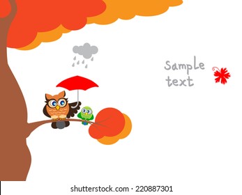 Cute owl and green parrot sitting on branches with umbrella. Bird tree page design.Cartoon vector illustration. With place for text. Childish picture. For card, tale illustration, as design element.