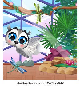 Cute owl in the greenhouse with exotic plants and dragonflies. Sketch for a poster on the theme of nature. Vector cartoon close-up illustration.