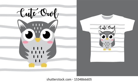 Cute Owl Grey t-shirt and apparel trendy awesome design with stripe, good for T-shirt graphics, poster, print and other uses.