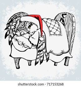 Cute Owl. Hand drawn Christmas poster with grunge texture and bird character. Can be used for kids print on t-shirts, bags, celebration greeting and invitation card