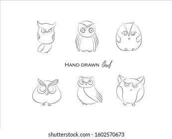 cute owl hand drawn icon vector set line art, Doodle Cartoon Animals in black and white style, Perfect for invitations,greeting cards, prints, posters