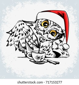 Cute Owl. Hand drawn  poster with grunge texture and bird character. Can be used for kids print on t-shirts, bags, christmas celebration greeting and invitation card