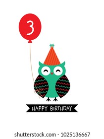 Cute Owl Happy 3rd Birthday Greeting Vector