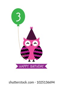 cute owl happy 3rd birthday greeting vector