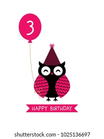 cute owl happy 3rd birthday greeting vector