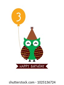 cute owl happy 3rd birthday greeting vector