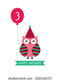 cute owl happy 3rd birthday greeting vector
