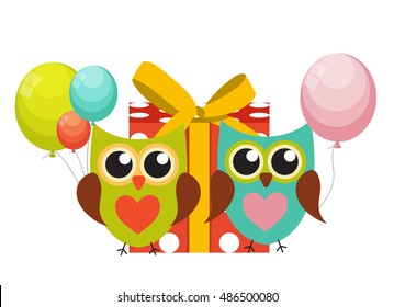 Cute Owl Happy Birthday Background with Gift Box, Balloons and Place for Your Text Vector Illustration EPS10
