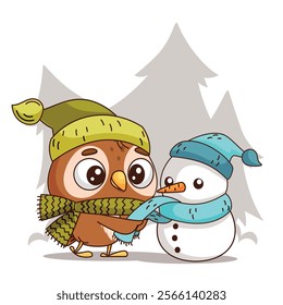 A cute owl and a happy snowman enjoy the warmth of winter together in this whimsical cartoon illustration