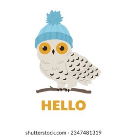 Cute owl in hat sits on tree branch, greeting card, cartoon flat vector illustration isolated on white background. Hello inscription. Cheerful animal drawing. Smart bird, symbol of education.