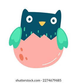 Cute owl hatched from egg flat icon. Vector illustration