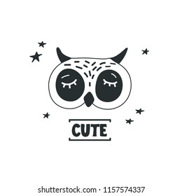 Cute owl head vector illustration. Design element, modern style clipart with hand drawn cartoon owl in black and white 