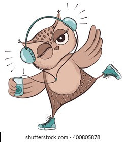 Cute owl with headphones listen music on MP3 player isolated on white. Vector hand drawn illustration