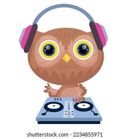 Cute Owl with Headphones playing disc jockey. Vector illustration.
