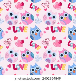 Cute Owl with heart shape and love letters seamless pattern. Valentines day concept pattern for fabric textile wallpaper gift wrap paper background.