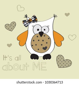 cute owl with hearts, love card with owl vector illustration