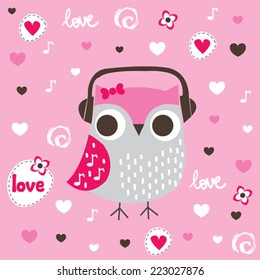 cute owl with hearts vector illustration