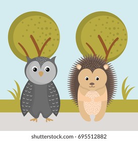 cute owl and hedgehog wild animals forest landscape tree