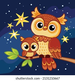 Cute owl with her chick sits on a branch against the backdrop of a starry night sky. Vector illustration with a bird in cartoon style.