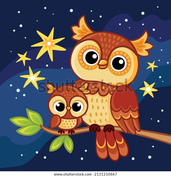 Cute owl with her chick sits on a branch against
the backdrop of a starry night sky. Vector illustration with a bird
in cartoon style.